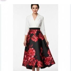 Elegant Floral Maxi Dress - Red and Black White Top 3/4 Sleeves